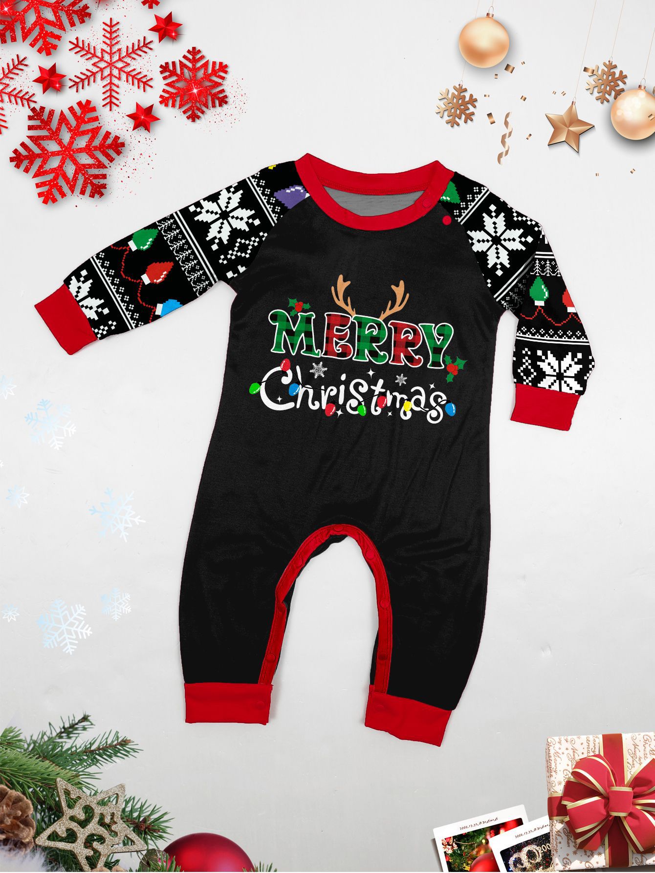 Pyjama imprimé pour la maison avec lettres de Noël et rayures en flocons de neige_voghion.com