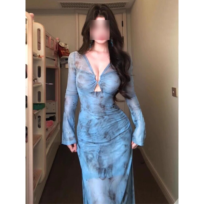 Pure Desire for Seaside Vacation Beautiful Long Dress Hot Figure Slimming Waist Deep V Elegant Long Sleeve dress Spice Girl