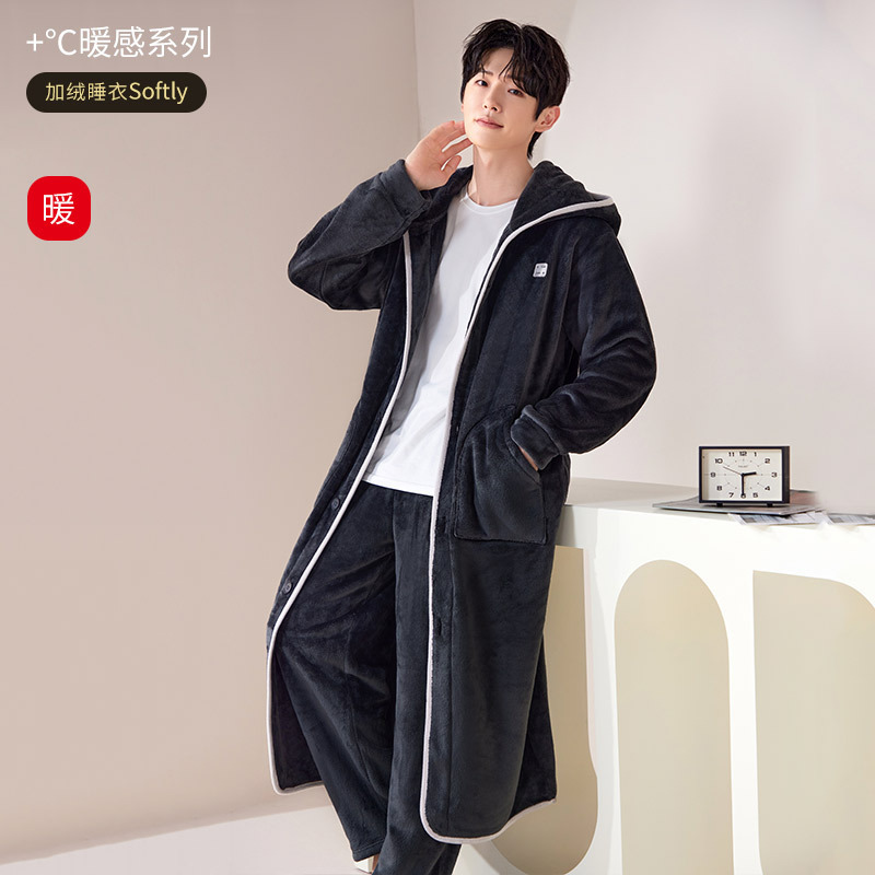 Hooded Nightgown, Autumn and Winter Thickeneded Flannel Men's Bathrobe, Long Dressing Gown, Winter Coral Velvet Pajamas, Home Clothes