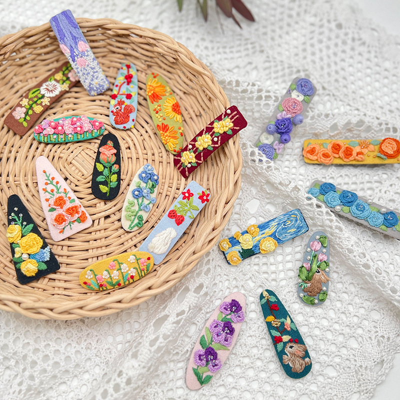 Lu bordado brocas de cabello paquete de material DIY brocas de cabello rotas hechas a mano brocas de boca de pato niñas lindas brocas de cabello retro bordadas creativas