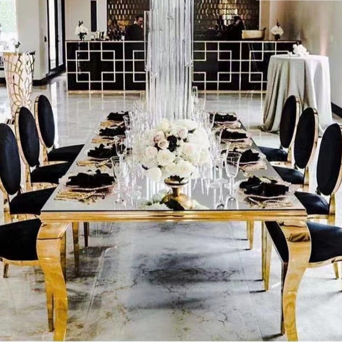 Mesa de boda para exteriores con tablero ovalado de vidrio dorado y acero inoxidable, mesa de comedor combinada para alquiler de banquetes integrada