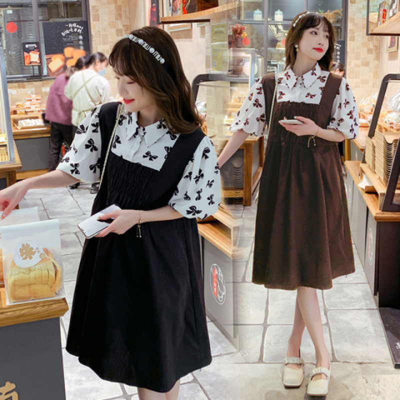 2024 Summer New Maternity Dress for Women, Loose Fit, Slimming, Stylish, Faux Two-Piece, Lantern Sleeve, Long Babydoll Dress