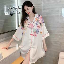 夏季新款短袖睡衣女夏天高档冰丝宽松甜美特大码睡裙可外穿家居服