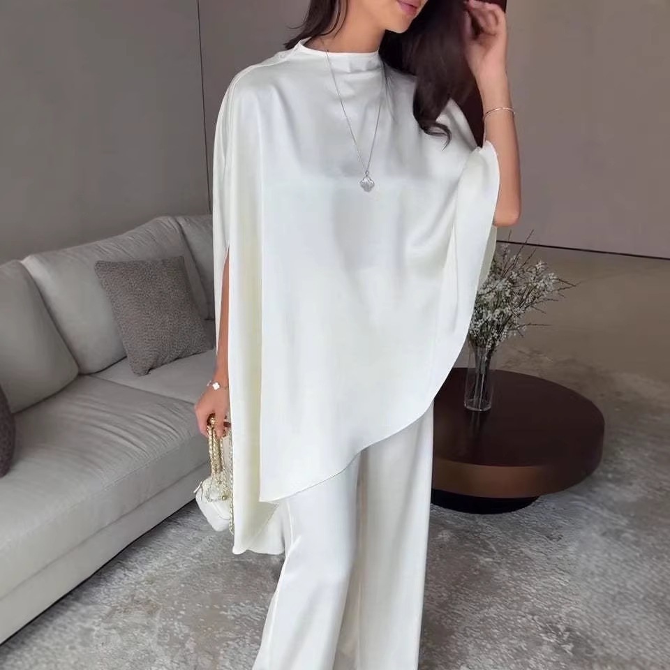 Women's Clothing Women's Fashion Satin Set With Designer Shawl Top And Wide Leg Pants Irregular Two Piece Ensemble_ecoleips.com