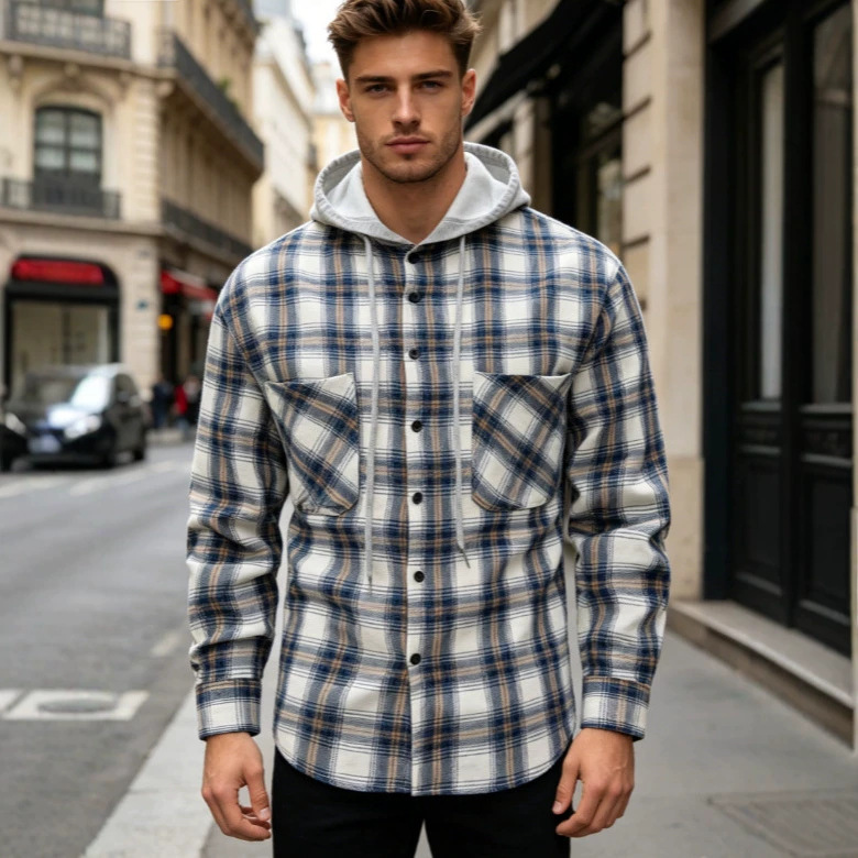 Cross-Border Foreign Trade Popular Men's Clothing European and American Style Spring and Autumn Checkered Long-Sleeve Loose Hooded Shirt Jacket Shirt Coat