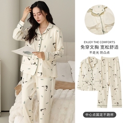 带胸垫纯棉睡衣女春秋款长袖新款大码秋冬季家居服套装可外穿