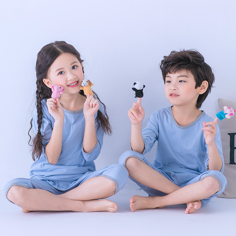 (2개) 봄과 여름을위한 새로운 어린이 에어컨 옷 얇은 잠옷 면 소년 소녀를위한 7 점 소매  홈 옷