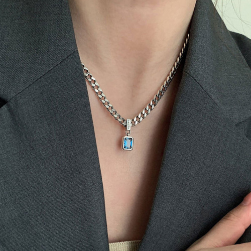Persian Gulf sea blue zircon set with diamond thick chain lucky zircon sweater necklace women's niche  new trend