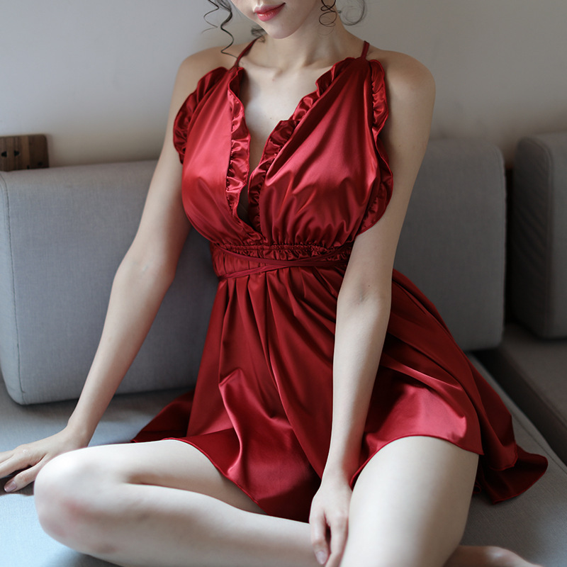 Deep V-Neck Sling Nightgown Ice Silk Babydoll in Pink, One Size — detail image 4