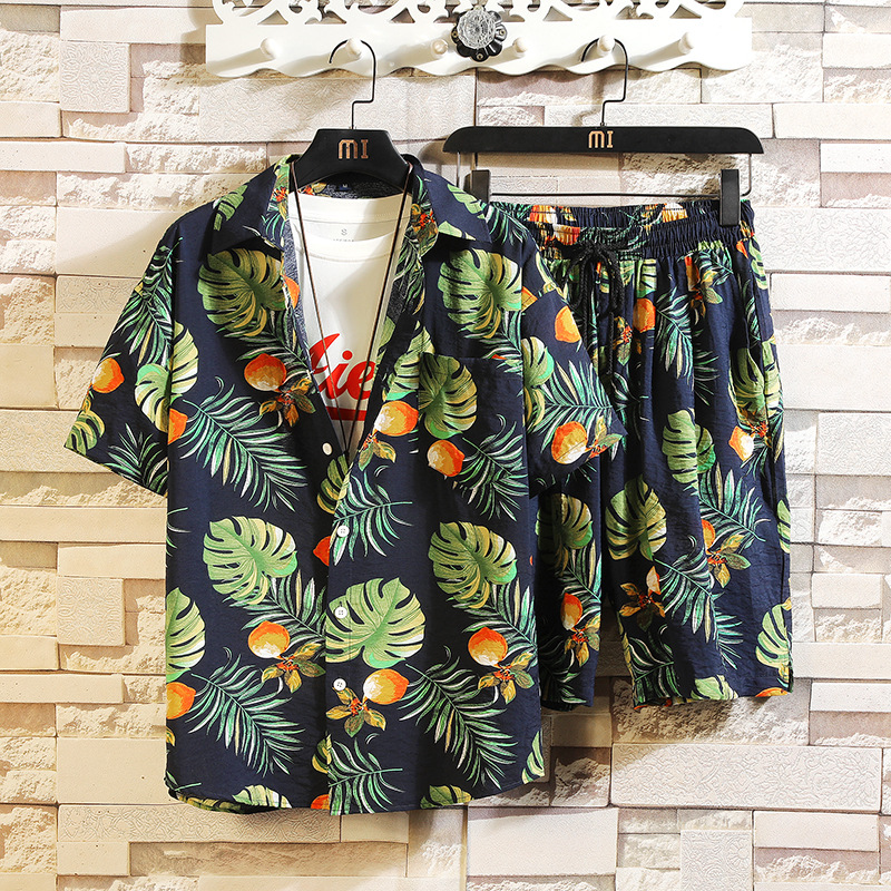 Hawaiano completo impreso camisa de manga corta de los hombres suelta camisa de playa traje pareja Hong Kong estilo impreso moda Ruan guapo abrigo