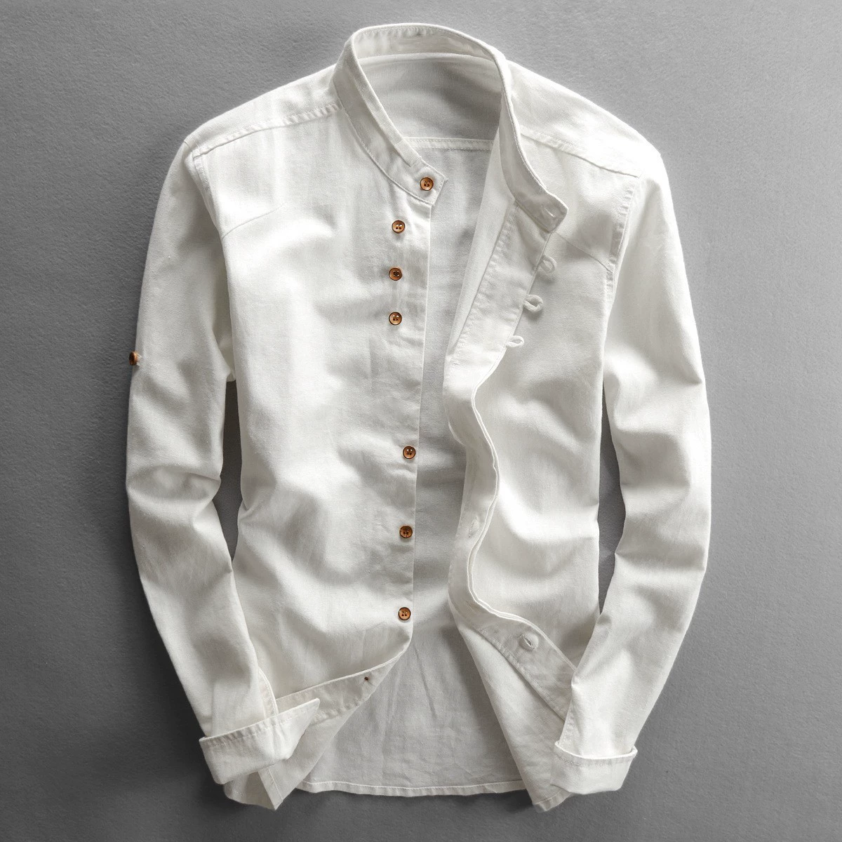 Imported cotton-linen shirt with Chinese-inspired style; color options: Hidden Green, Freshness, Shallow Gray, Gray Blue; sizes S-3XL