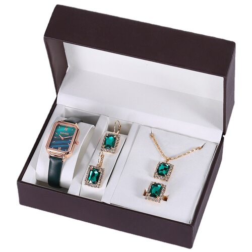 Exquisite gift set with belt, quartz watch + necklace + ring + earrings (4pcs/set)