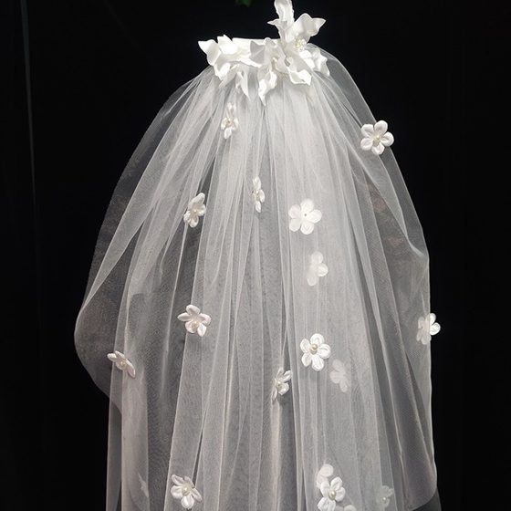 French Veil Bride's Main Wedding Dress Mori Pearl Flower Fairy Travel Photo with Makeup Short Wedding License