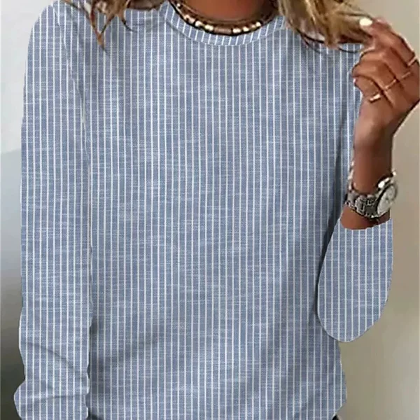 European and American fashion women's T-shirt pink blue green striped printed long sleeve daily weekend basic round neck regular