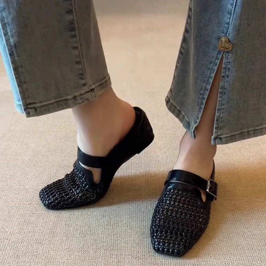 In Stock For Immediate Dispatch ~ Vacation Style Woven Wedge Mules With Belt Buckle, Breathable Closed-Toe Outdoor_vogvips.com