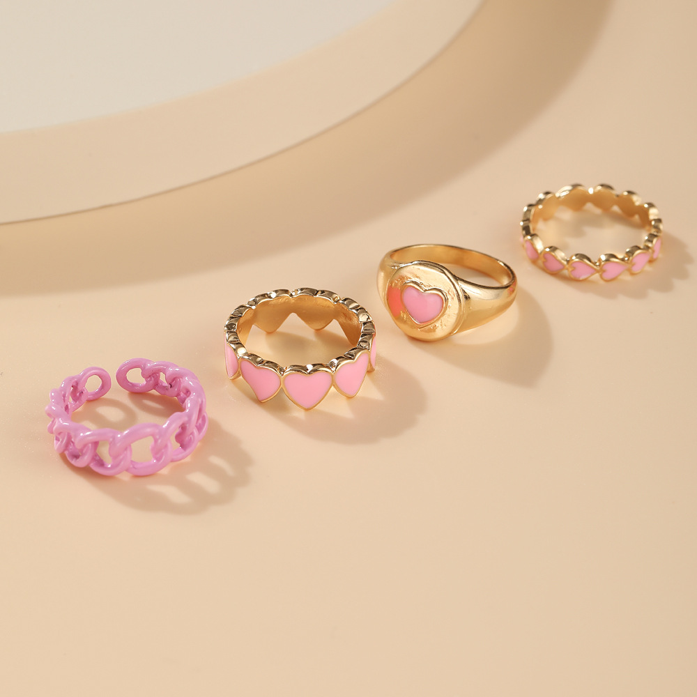 Cross-border Ins New Style Pink Love Heart-shaped Ring Set Creative Sweet Peach Heart Drop Oil Ring Color Retention Four-piece Set display picture 9