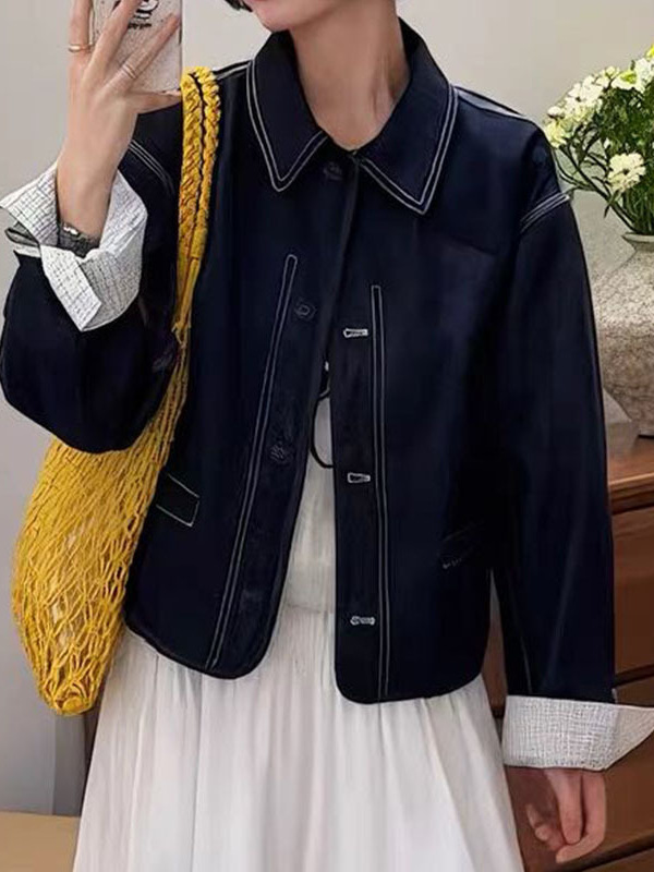 港风格子拼接娃娃领牛仔外套女短款2025春秋季小个子休闲立领上衣|undefined