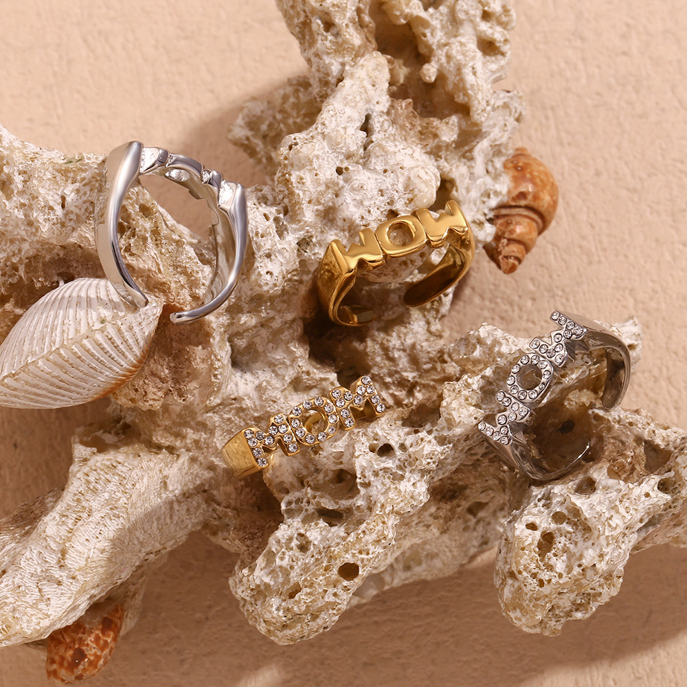 Stainless Steel Zircon Inlaid Mom Open Ring