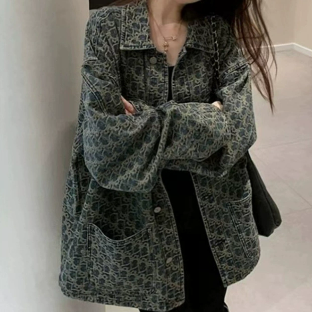 Американская высокая улица ретро джинсовая куртка женское 2025 новое чувство дизайна нишевые весенне-осенние пиджаки с принтом