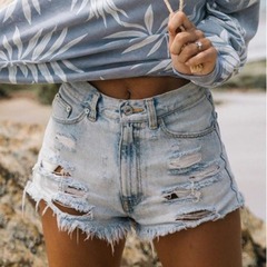 Denim shorts for women European and American style fashion trend high waist ripped tassel large size hot pants