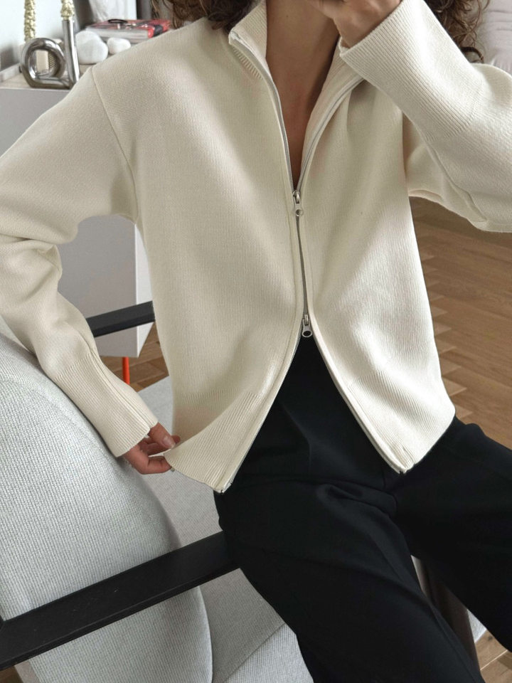 Áo khoác cardigan len dệt kim cổ đứng khóa kéo hai chiều dài tay — Màu nâu cà phê, Màu trắng, màu đen, màu đỏ chi tiết 4