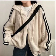 秋冬女装韩版chic简约气质抽绳连帽设计小众条纹宽松长袖毛衣外套