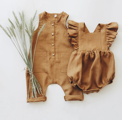 2021夏嬰兒連體衣寶寶棉麻哈衣ins童裝男童棉麻口袋開扣長褲爬服