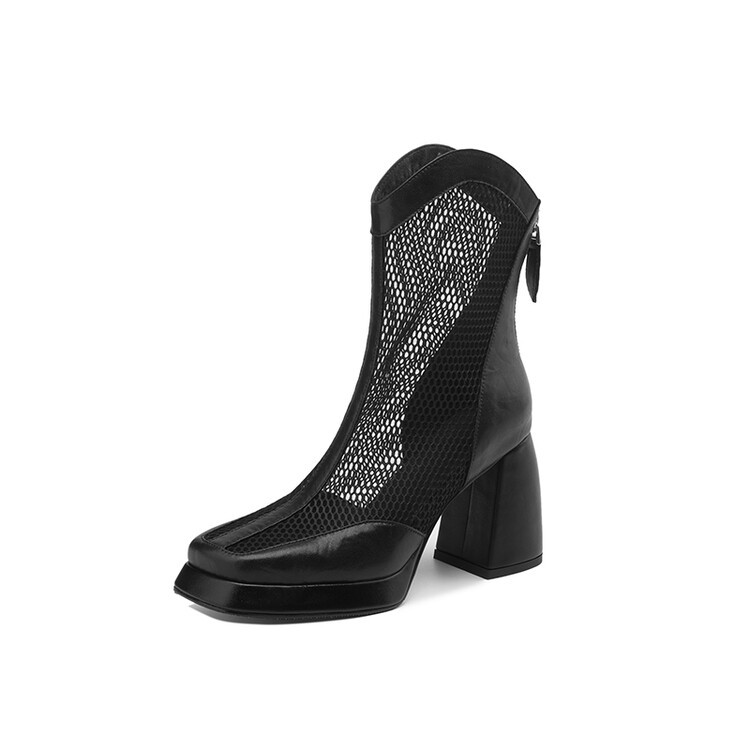 Boot lưới nữ mũi vuông đế xuồng cao gót, phối lưới thoáng mát — Màu nâu, Màu đen