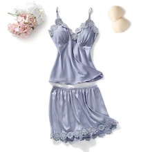 春夏季纯色简约性感吊带睡衣带胸垫短裤女士家居服睡裙两件套装