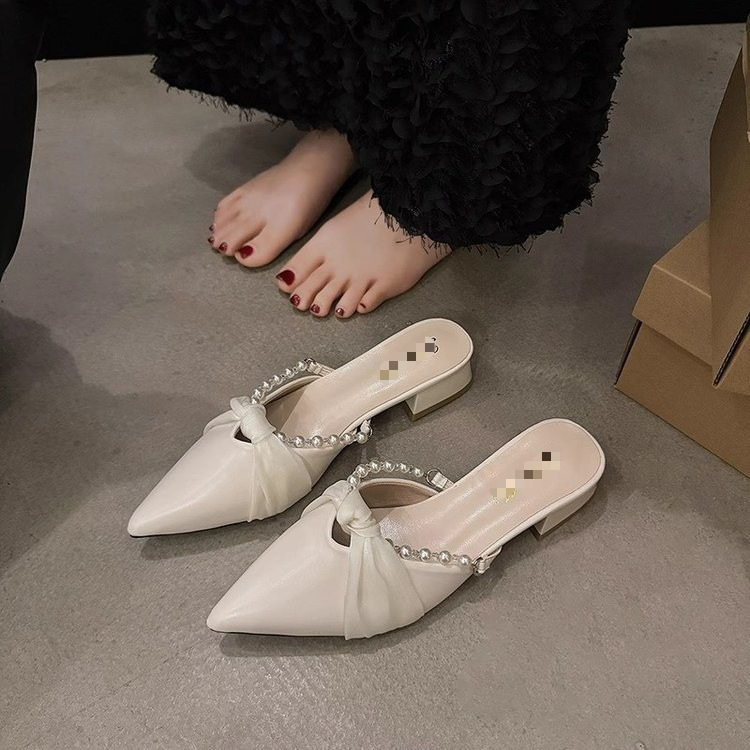 Explosión de estilo francés fragante con cabeza media zapatillas de punta de mujer 2026 nuevo verano perla zapatillas de soleas gruesas