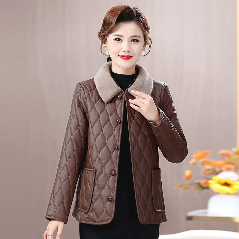 Мама Одежда Кожаная Одежда Женская осень-Зима Плюшевая Толстая Куртка Средние и Пожилые Мамочки Хлопковая куртка Зима Тепло