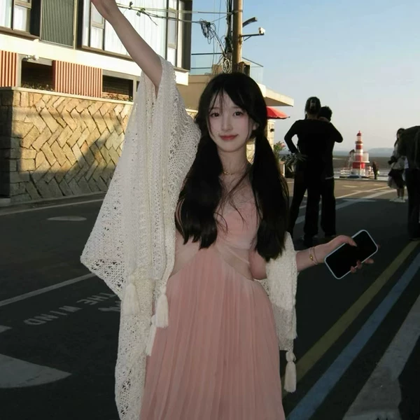 Forest Style White Hollow Knitted Shawl for Women Spring & Fall Ethnic Style Photo Cape Cloak Outwear Shawl for Women