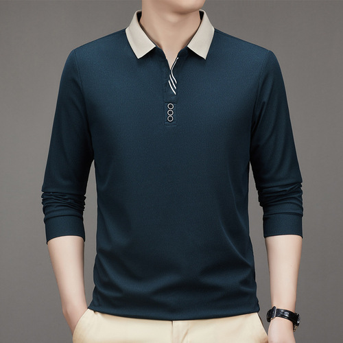 Men's Short Sleeve Autumn Long Sleeve Polo Shirt Business Shear Collar Fitted Solid Color Collar Base T-shirt Men