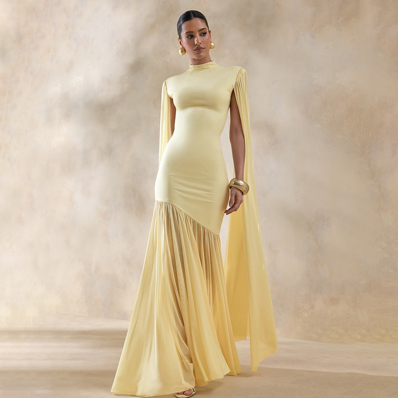 Elegant and stylish European and American women's evening dress with patchwork design, sexy slim-fit mesh with ribbons, solid color long dress Elegant and stylish European and American women's evening dress with patchwork design, sexy slim-fit mesh with ribbons, solid color long dress