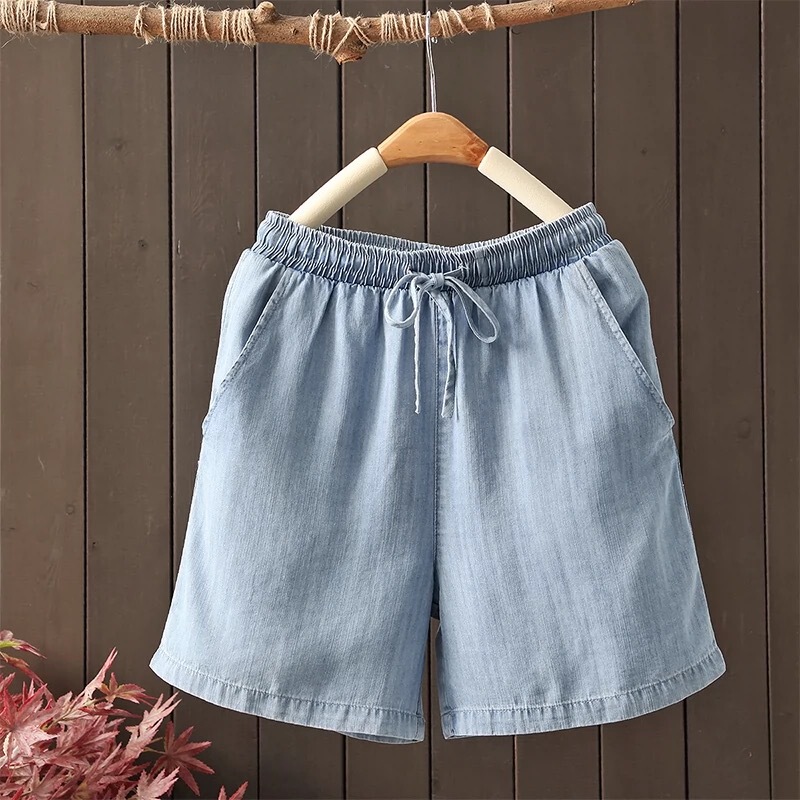 2025 Summer Thin Tencel Denim Shorts Women's Elastic Waist Tie Loose Casual Wide Leg Blue Quarter Jeans