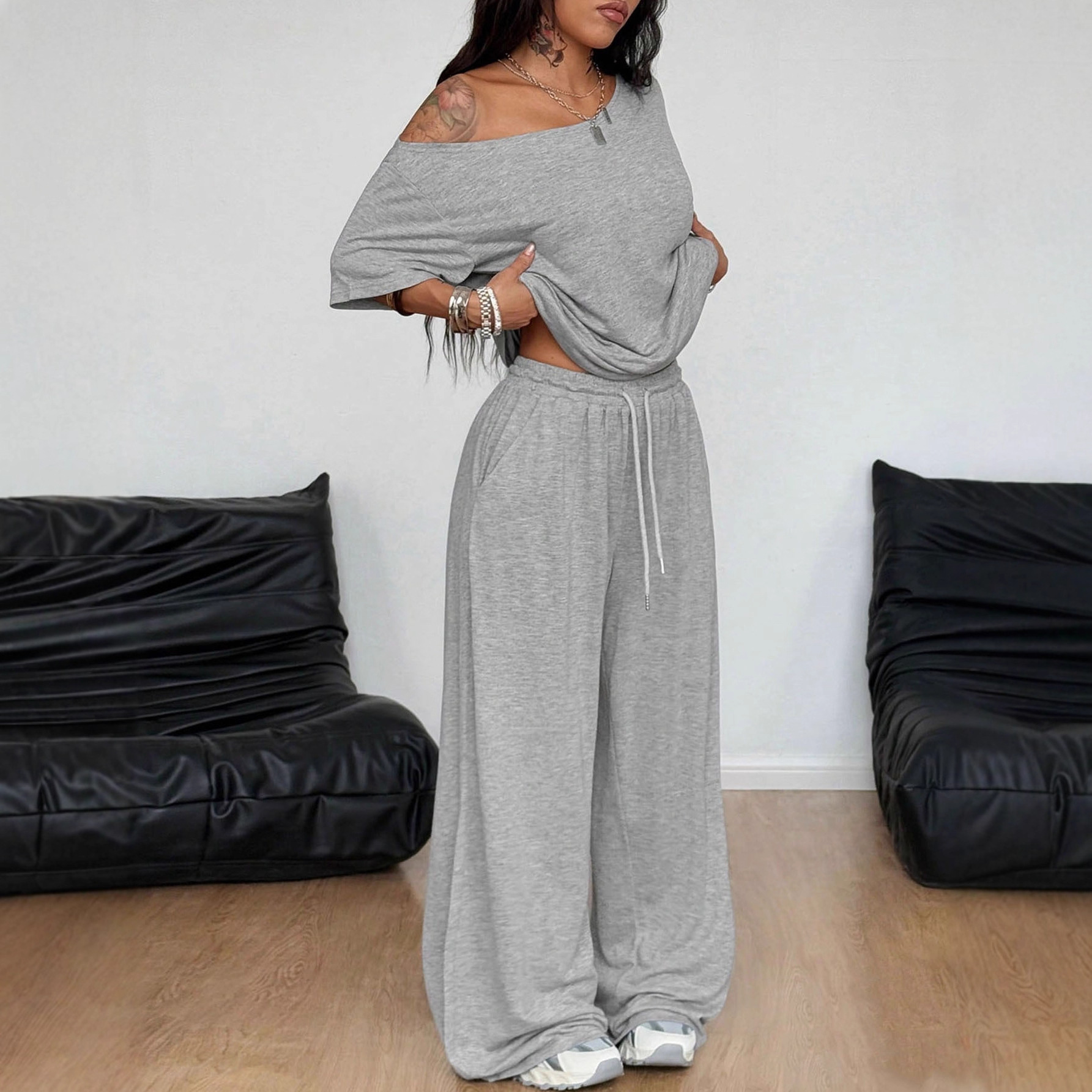 European and American Cross-Border 2025 Autumn and Winter Solid Color Women's High-Waisted Drapey Wide-Leg Sweatpants Petite American-Style Set