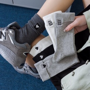 Korean early spring love AB embroidery design solid color flanging letter logo fashion Joker medium tube cotton socks piled socks