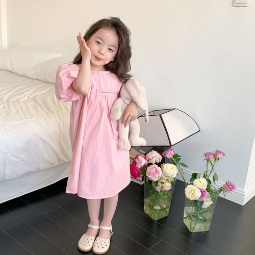 Elmo Beibei Girls Hollow Puff Sleeve Princess Dress Children's Korean Style Simple Western Style Thin Cotton Dress Summer