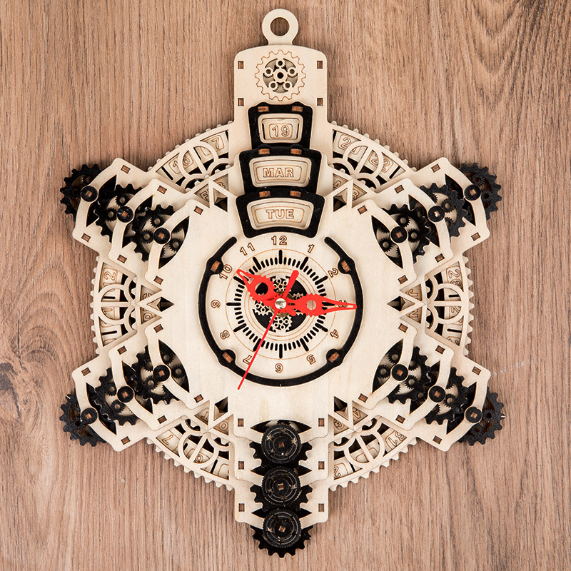 Diy calendario perpetuo reloj de montaje de transmisión de madera creativo relojes mecánicos regalos máquina caja de contraseña juguetes