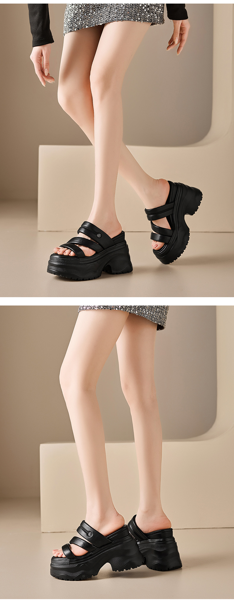 Dép sandal nữ quai chữ V đế dày da thật mùa hè, tăng chiều cao, xỏ ngón tiện lợi — màu đen, Trắng kem- chi tiết 10