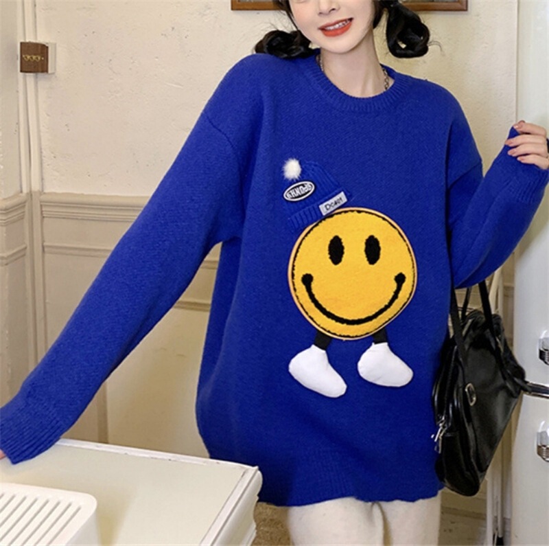 Casual Style Sweater for Women, Autumn/Winter 2026 New Klein Blue Design, Smiley Face Thick Niche Knit Top