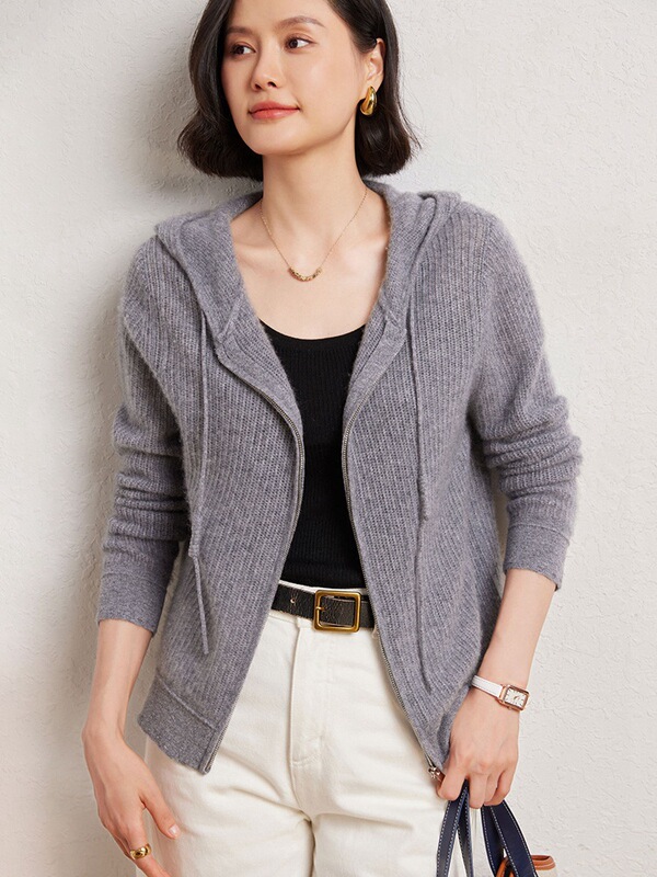 2024 New Autumn and Winter Hollow Zipper Hooded Sweater Women's Hooded Women's Loose Lazy Fashion Cashmere Knitted Cardigan