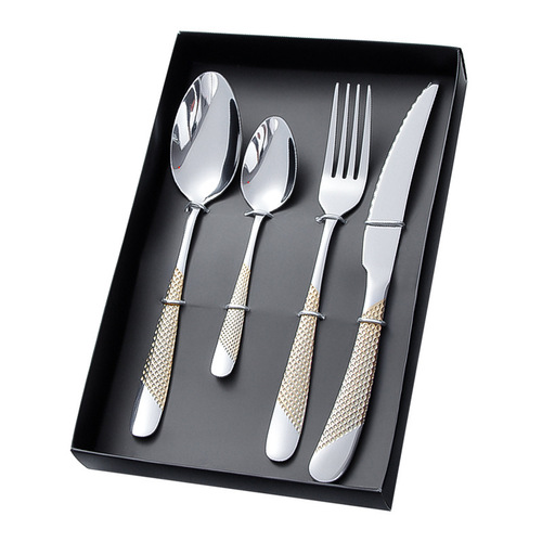 Cross-border stainless steel tableware set, star diamond steak knife, dessert fork and spoon, gold-plated handle gift box, four main parts for Western food