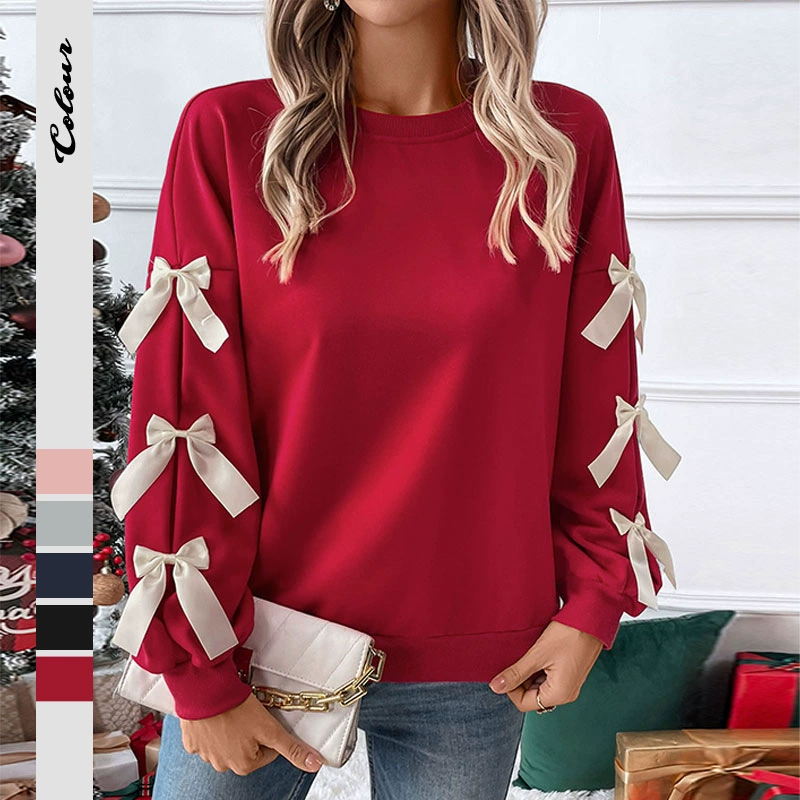 Популярные осенние и зимние популярные топы Amazon в европейском и американском милом стиле, красные рождественские толстовки с круглым вырезом и бантом для женщин