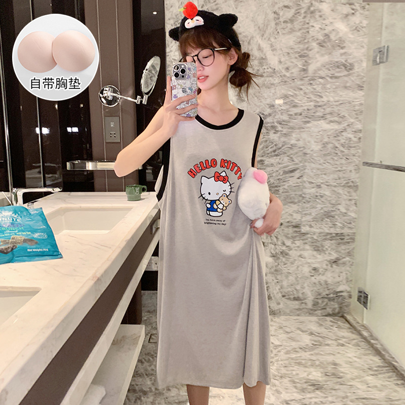 Bra-Free Vest Nightgown for Women Summer Modal Long Sleeveless Loose Cartoon Kitten Pajamas with Breast Pads