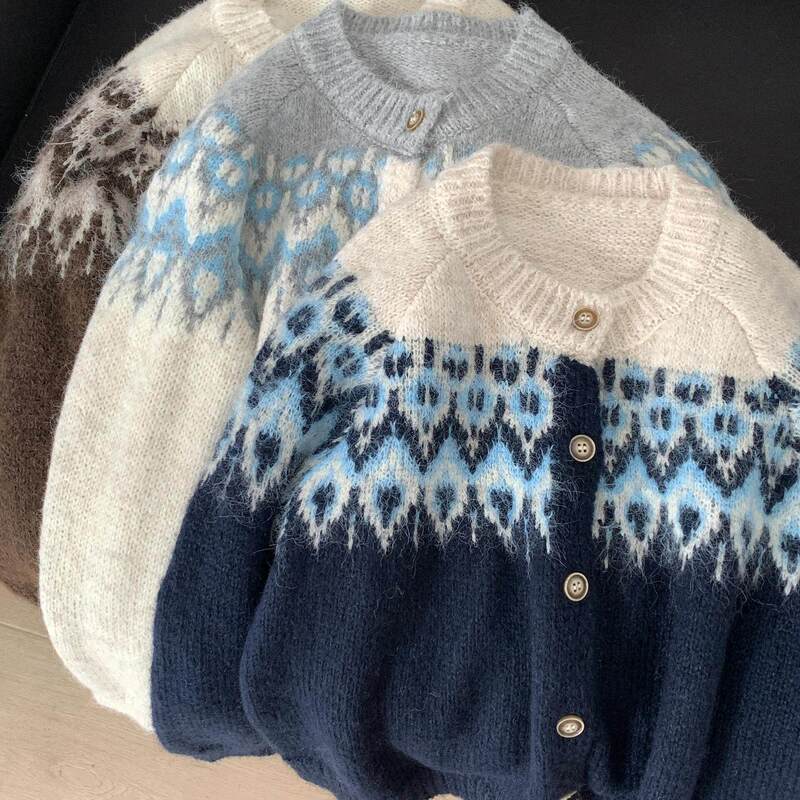 Fair Isle sweater cardigan, Korean chic autumn and winter ultra-soft fluffy sweater coat, single-breasted jacquard knit Fair Isle sweater cardigan, Korean chic autumn and winter ultra-soft fluffy sweater coat, single-breasted jacquard knit
