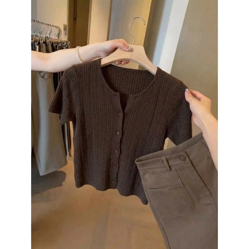 Korean-Style Coffee-Colored Ribbed Short-Sleeve Knit T-Shirt for Women, Summer High-End French Old Money Style Top
