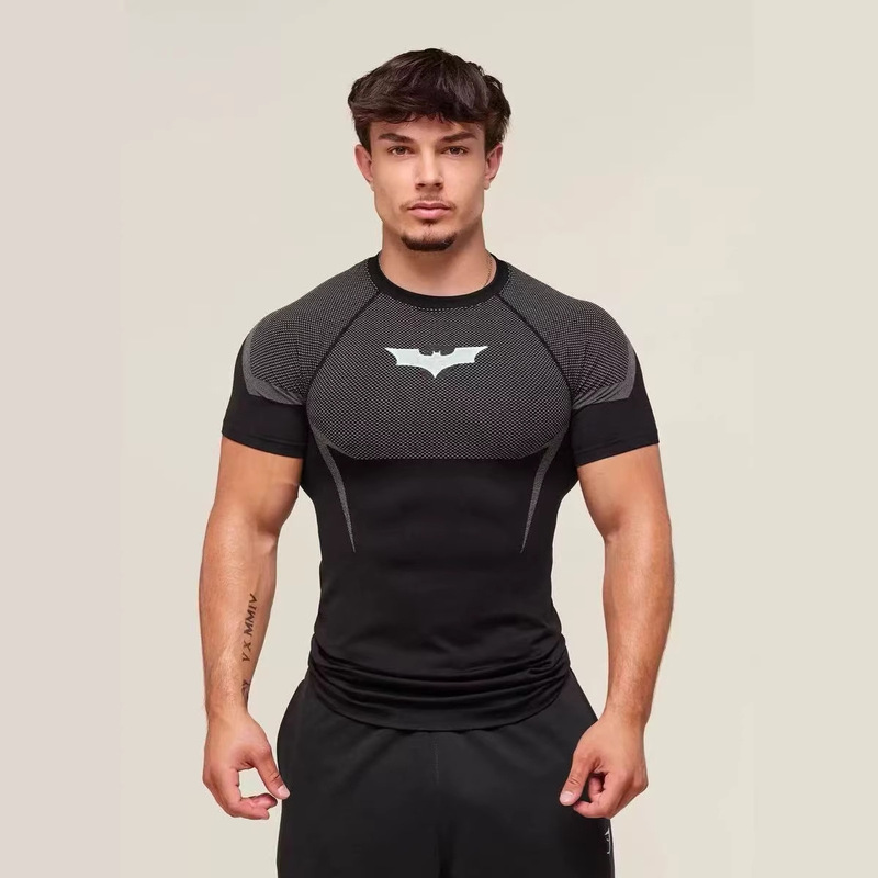 Gymshark Collaboration with Batman Men's Tight-Fitting T-Shirt Jogger Sports Fitness Running Training Quick-Drying Short-Sleeved Shirt