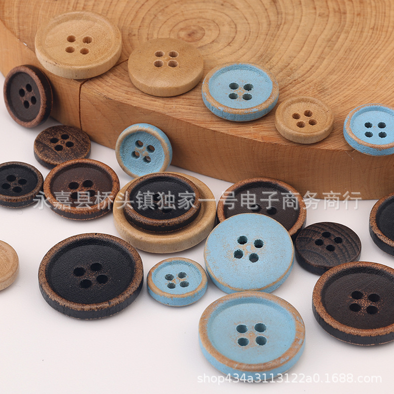 Retro-Style Wooden Buttons, Thin-Edged Four-Hole Round, Handmade DIY Clothing Accessories, Decorative Buttons for Coats and Shirts