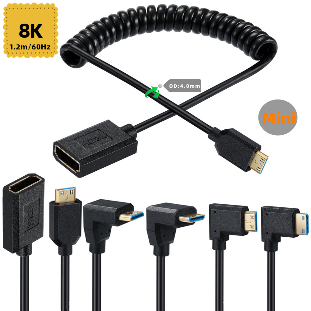2.1版本mini h-dmi转h-dmi母支持8k 4k相机摄像机伸缩弹簧连接线